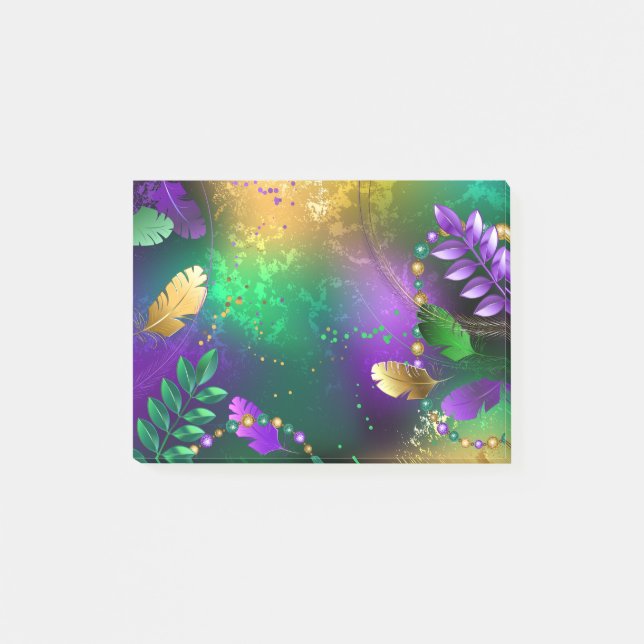 Iridescent mardi gras background with beads post-it notes (Front)