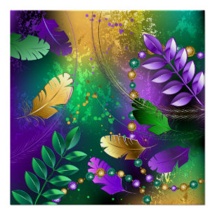 Iridescent mardi gras background with beads poster