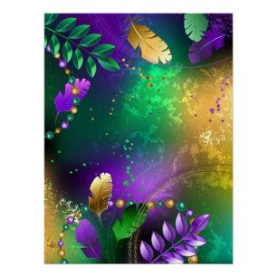 Iridescent mardi gras background with beads poster