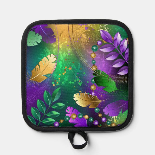 Iridescent mardi gras background with beads pot holder (Front)