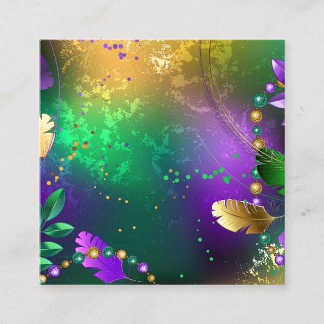 Iridescent mardi gras background with beads square business card (Front)