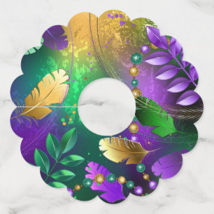 Iridescent mardi gras background with beads wine glass tag