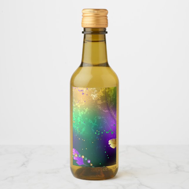 Iridescent mardi gras background with beads wine label (Front)
