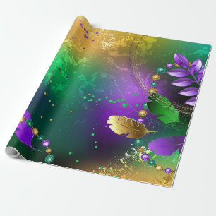 Iridescent mardi gras background with beads wrapping paper