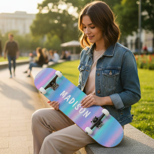 Iridescent Modern Girly Pink Blue Personalised Skateboard