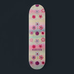 Iridescent Modern Girly Pink Purple Flowers Name Skateboard<br><div class="desc">Iridescent Modern Girly Pink Purple Flowers Name features a modern colourful iridescent background with pink and purple flowers with your personalised name. Personalise by editing the text in the text box provided. Designed by ©Evco Studio www.zazzle.com/store/evcostudio</div>