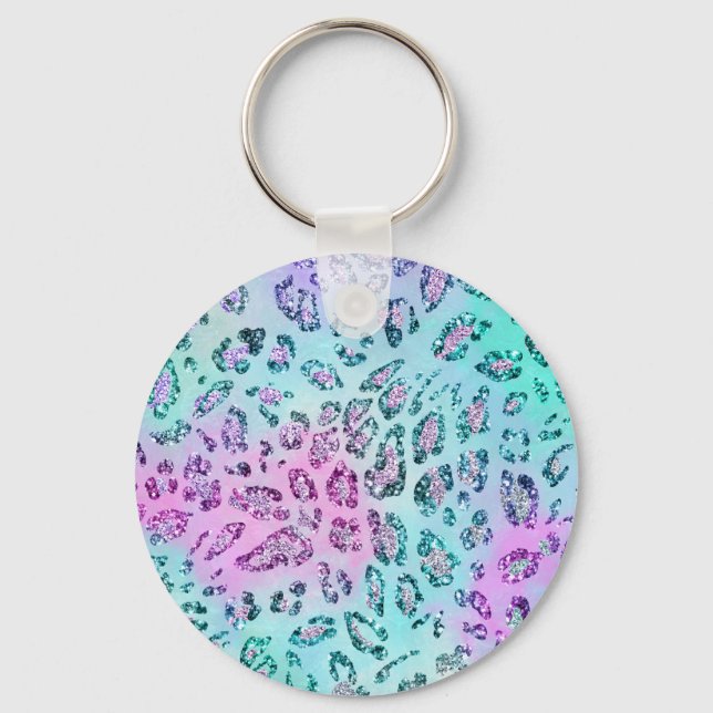 Iridescent Pastel Leopard Print Glitter Key Ring (Front)