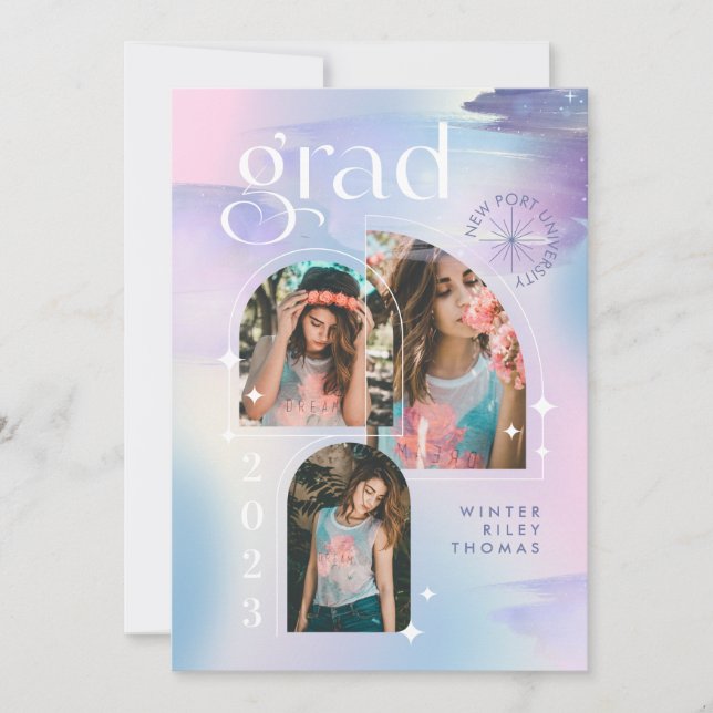 Iridescent Pastel Watercolor Starry 3 Photo Grad Invitation (Front)