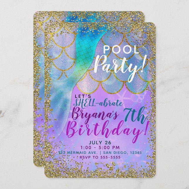 Iridescent Pearl Glitter Mermaid Birthday Party Invitation (Front/Back)