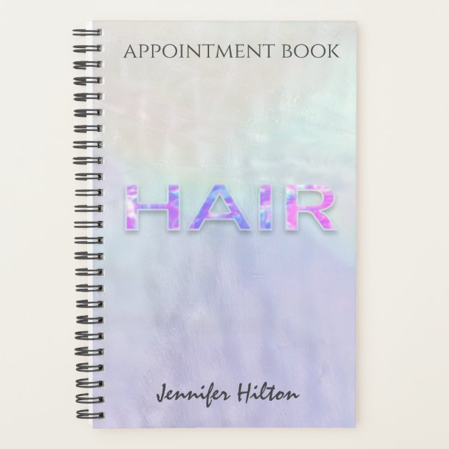 Iridescent pearl holographic hair appointment book planner (Front)
