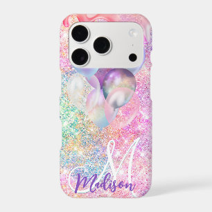Iridescent pink faux glitter drip balloon monogram