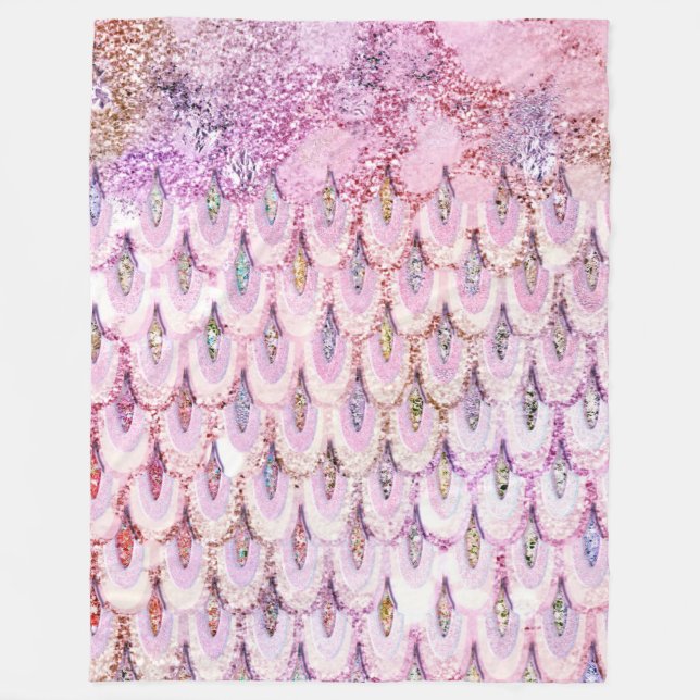 Iridescent pink Glitter Mermaid Fish Scales Fleece Blanket (Front)
