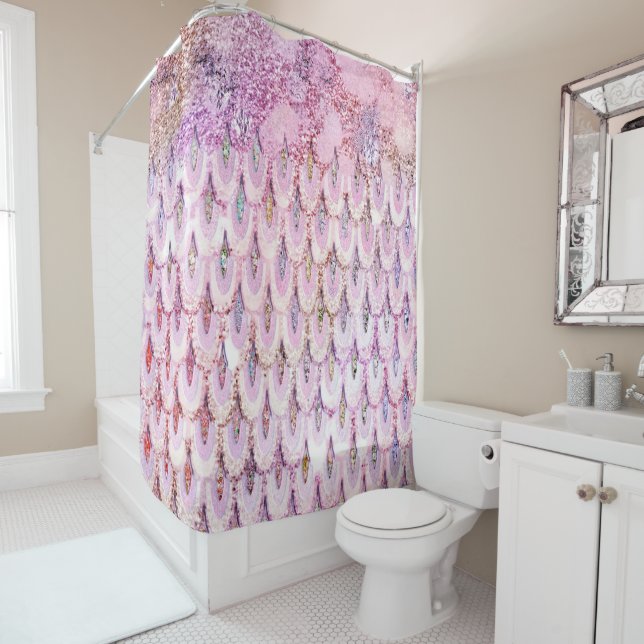 Iridescent pink Glitter Mermaid Fish Scales Shower Curtain (In Situ)