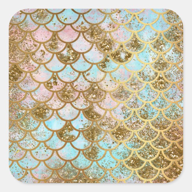 Iridescent Pink Gold Glitter Mermaid Fish Scales Square Sticker (Front)