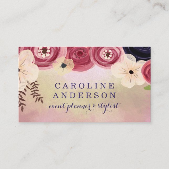 Iridescent Pink & Gold with Boho Flowers Business Card (Front)