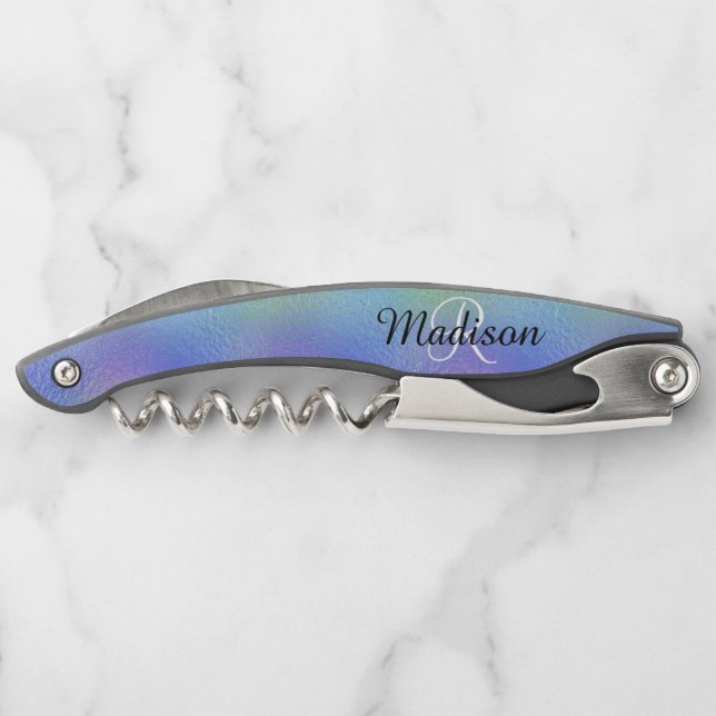 Iridescent Pretty Blue Colourful Monogram Corkscrew (Back)