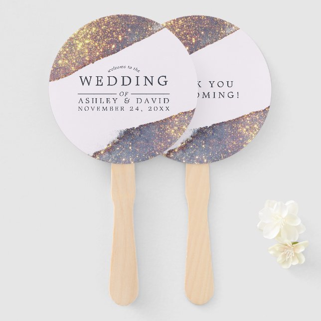Iridescent Purple Gold Glitter Chic Wedding Hand Fan (Front and Back)