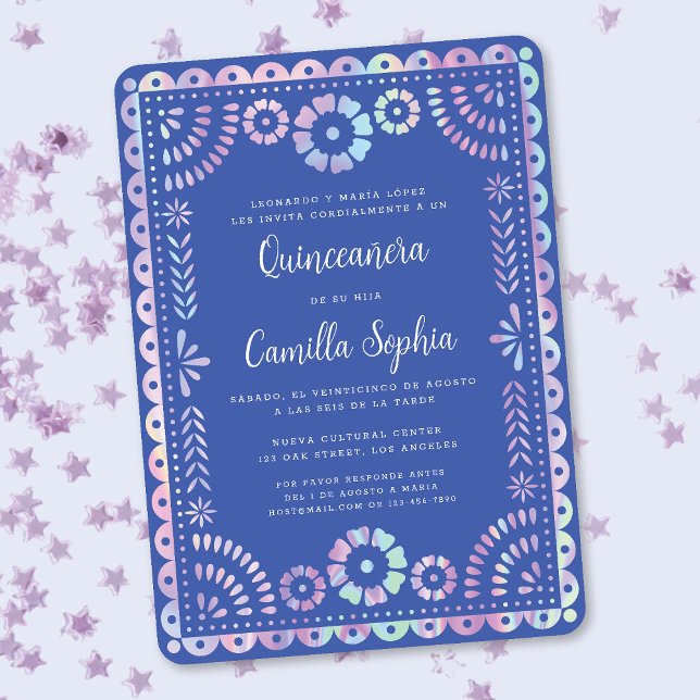 Iridescent Purple Pink Quinceañera Papel Picado Invitation (Creator Uploaded)