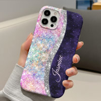 iridescent purple silver faux glitter monogram