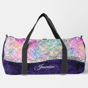 iridescent purple silver faux glitter monogram  duffle bag