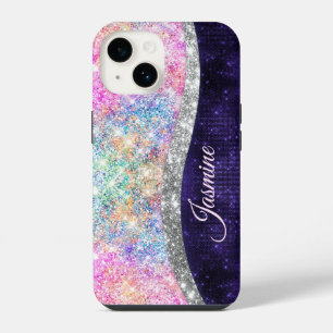 iridescent purple silver faux glitter monogram iPhone 14 case