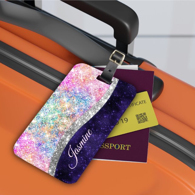 iridescent purple silver faux glitter monogram luggage tag (Creator Uploaded)