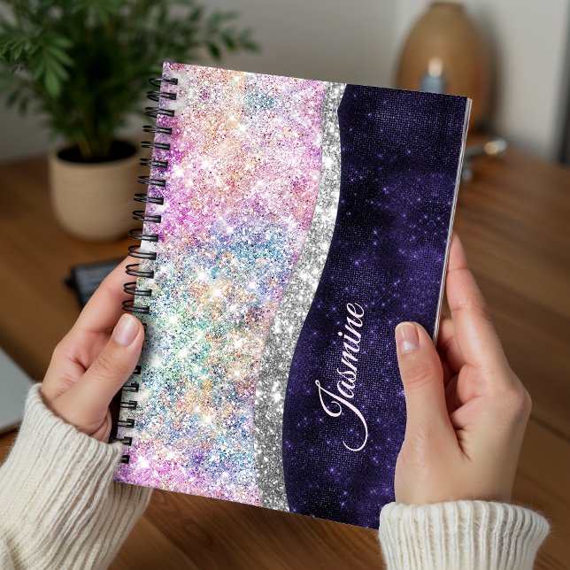 iridescent purple silver faux glitter monogram notebook (Creator Uploaded)