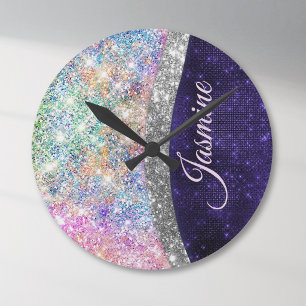 iridescent purple silver faux glitter monogram round clock
