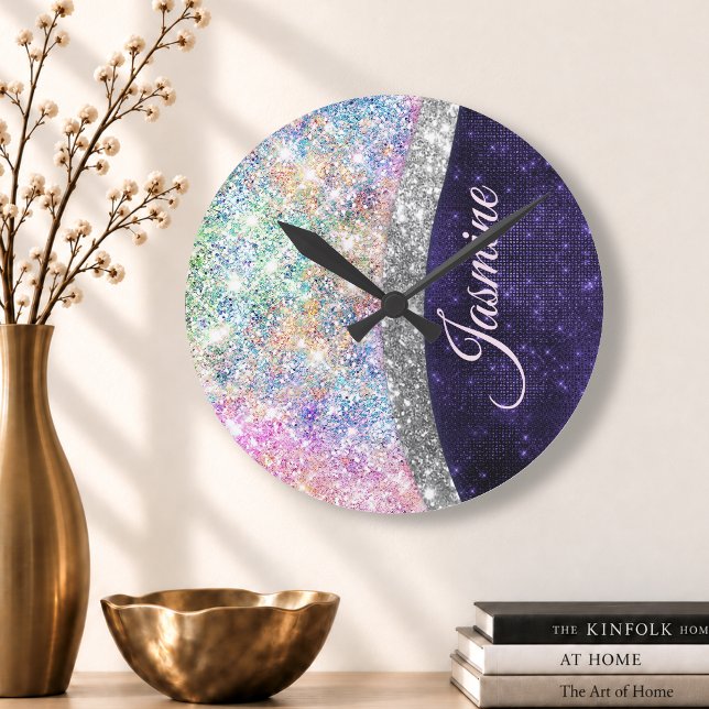 iridescent purple silver faux glitter monogram round clock (Creator Uploaded)