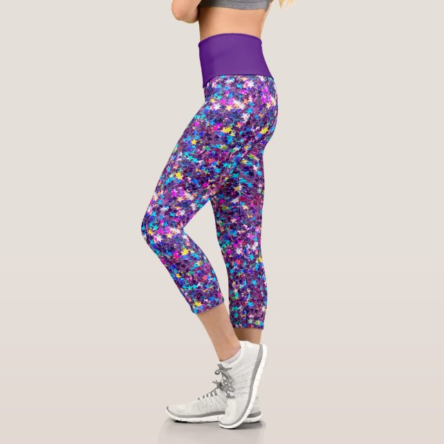 Iridescent Purple Star Glitters Capri Leggings (Left)
