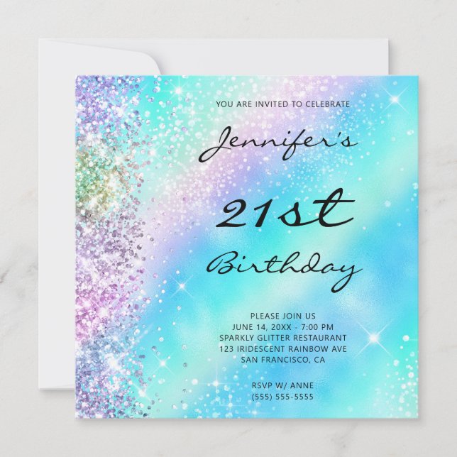 Iridescent Rainbow Glitter and Foil 21st Birthday Invitation (Front)