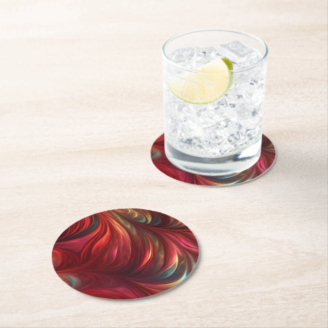 Iridescent Red Abstract Swirl Round Paper Coaster (Insitu)