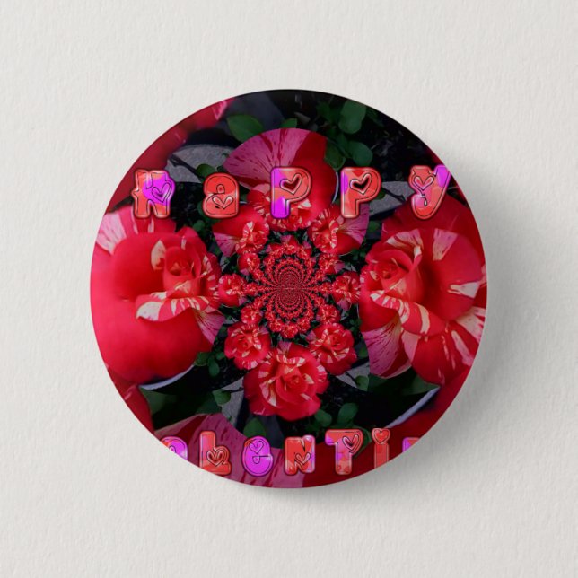  Iridescent Red Roses "Happy Valentine" Art Print/ 6 Cm Round Badge (Front)