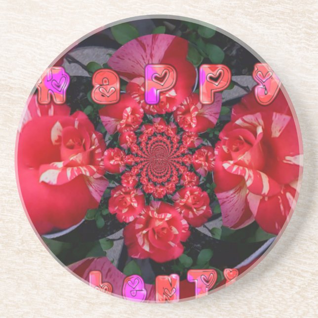 Iridescent Red Roses "Happy Valentine" Art Print Coaster (Front)