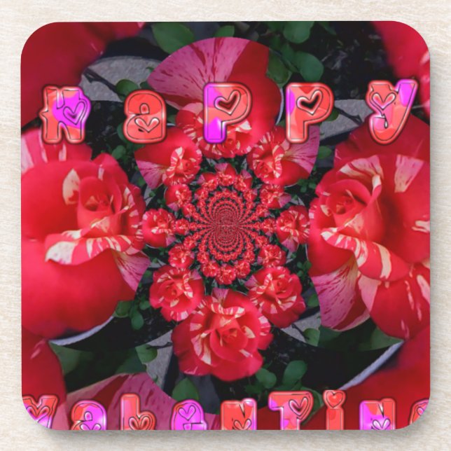 Iridescent Red Roses "Happy Valentine" Art Print Coaster (Front)