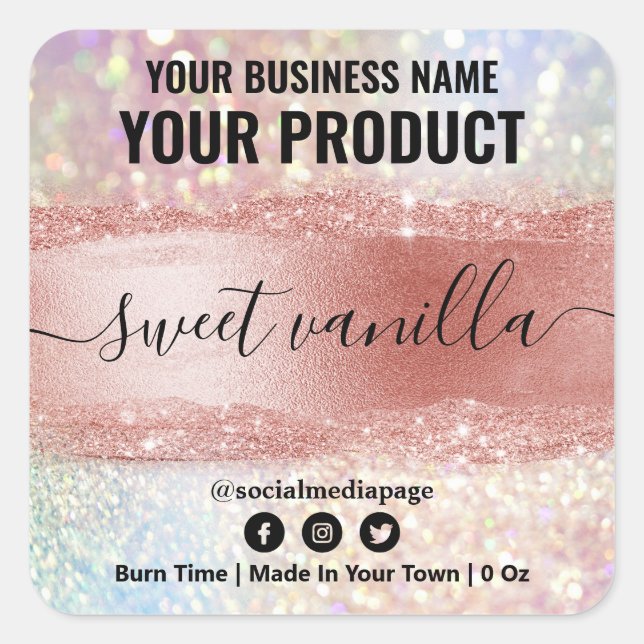 Iridescent Rose Gold Glitter Soy Candle Labels (Front)