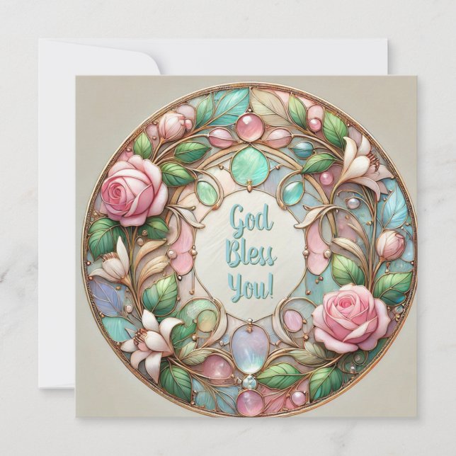 Iridescent Roses and Pebbles Blessings Holiday Card (Front)