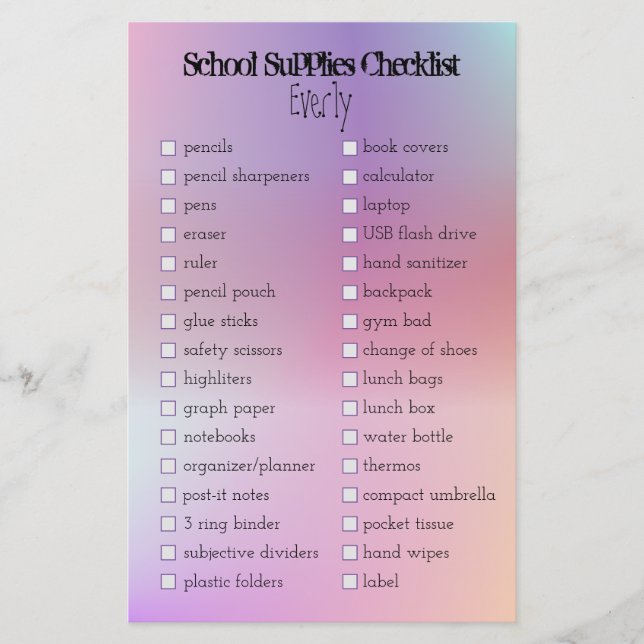 iridescent school supplies checklist  (Front)