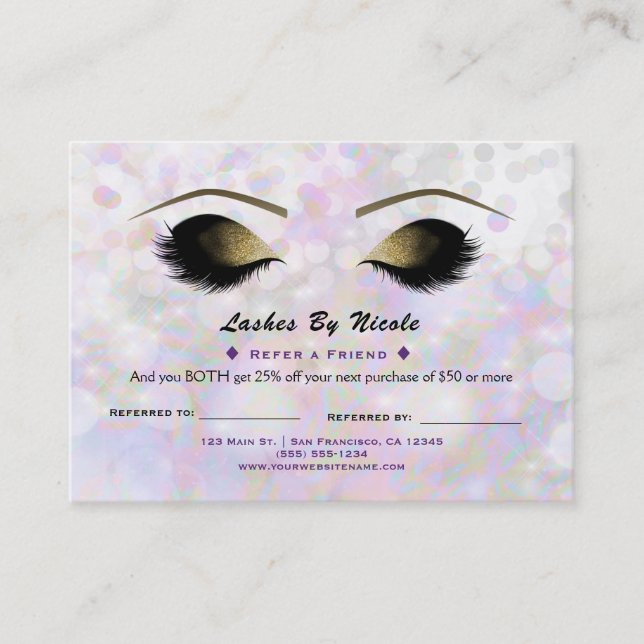 Iridescent Shimmer Lashes Refer Friend Aftercare Referral Card (Front)