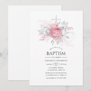 Iridescent Silver and Pink Floral Baptism Invitation