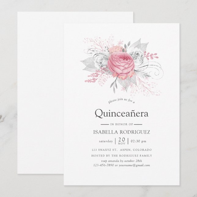 Iridescent Silver and Pink Floral Quinceañera Invitation (Front/Back)