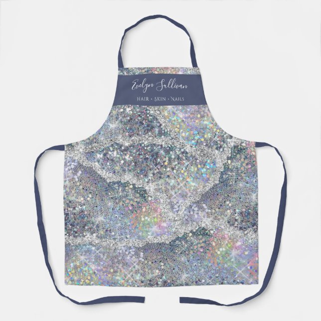 Iridescent silver glitter beauty professional apron (Front)