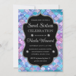 Iridescent Silver Mermaid Scales Frame Sweet 16 Invitation