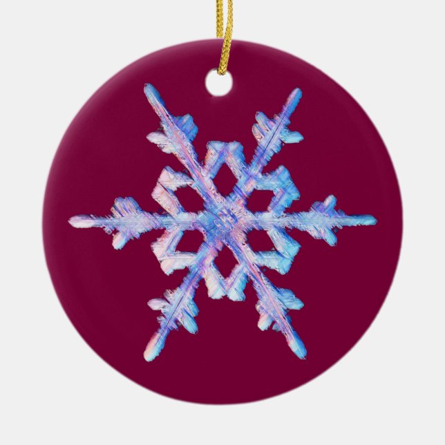 Iridescent Snowflake on Burgundy  Ceramic Ornament (Front)