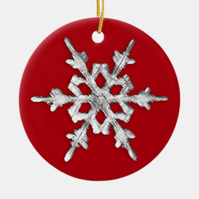 Iridescent Snowflake on Deep Red Ceramic Tree Decoration (Front)