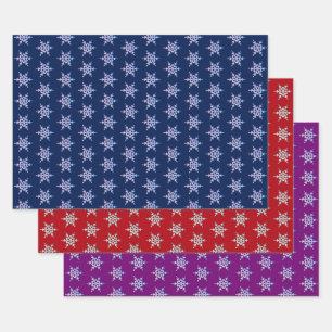 Iridescent Snowflakes on Blue, Deep Red, & Purple  Wrapping Paper Sheet