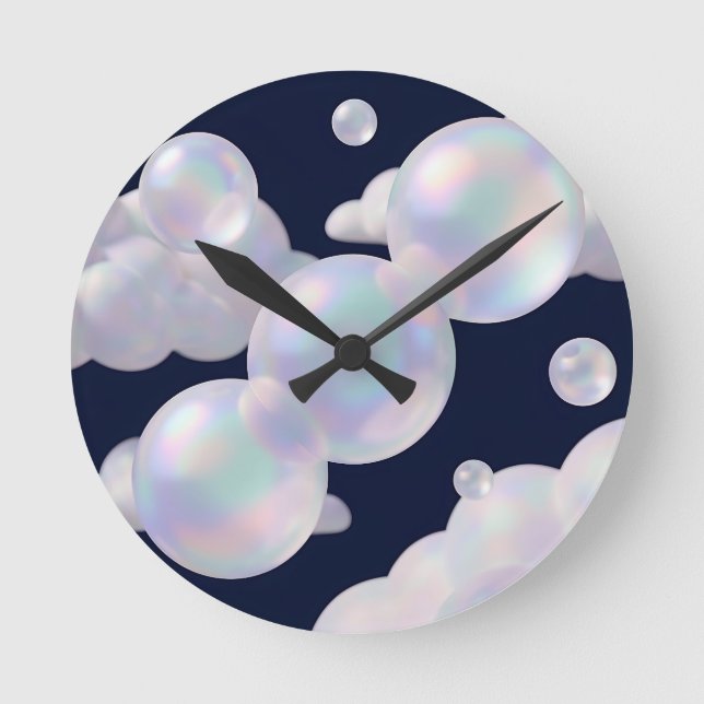 Iridescent Soap Bubbles Floating Dark Blue Dreamy  Round Clock (Front)