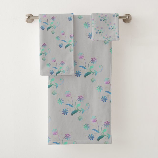  IRIDESCENT SPRING BLOOM GREY BATHROOM TOWEL SET (Insitu)
