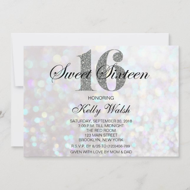 Iridescent Sweet 16 Silver Glitter Invitation (Front)