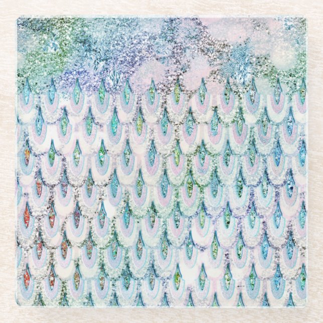 Iridescent teal Glitter Mermaid Fish Scales Glass Coaster (Front)